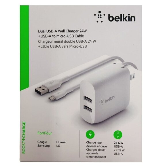 Belkin Boost Charge Dual USB-A Wall Charger 24W + USB-A to Micro-USB Cable - Picture 6 of 8